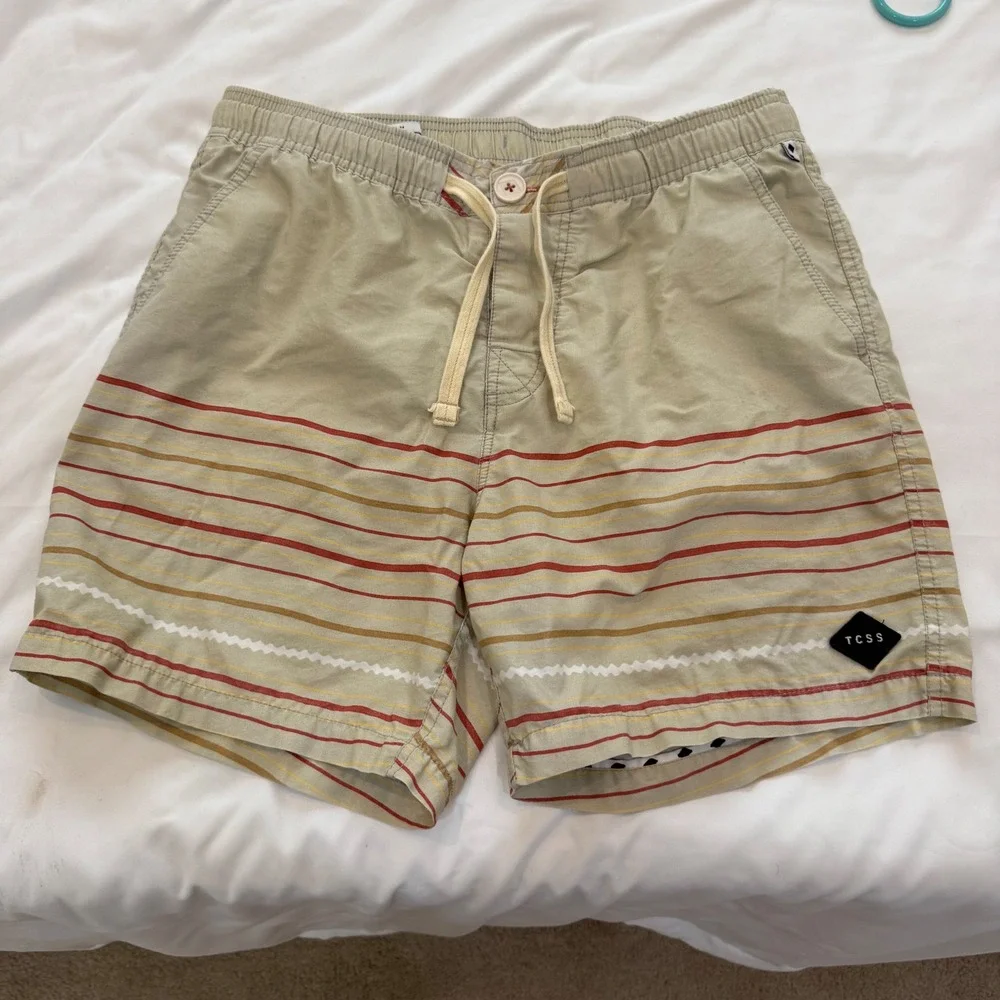 TCSS The Critical Slide Society Mens Striped Board Shorts Khaki Tan Size 34